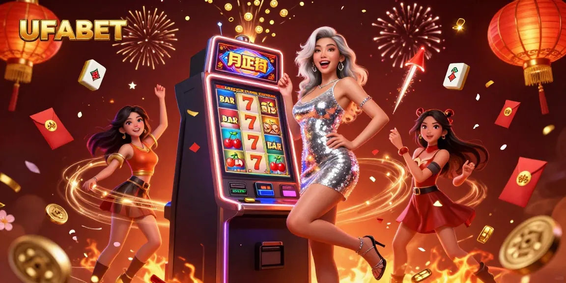 Experience the excitement of UFABET with a stunning casino-themed illustration showcasing vibrant gaming elements and celebratory atmosphere.