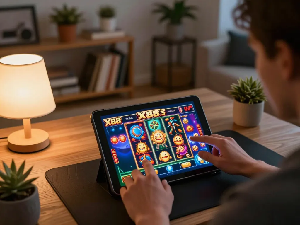X88 slot gaming session with colorful graphics displayed on a tablet, showcasing exciting online gambling