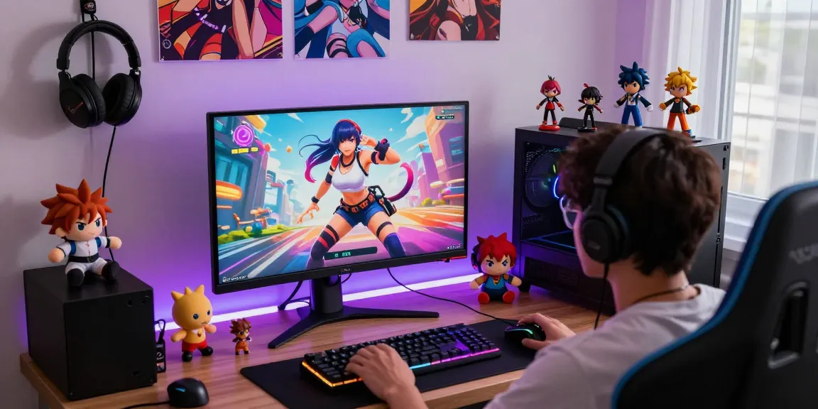Immersive gaming experience showcasing a hentai game setup with vibrant characters and accessories.