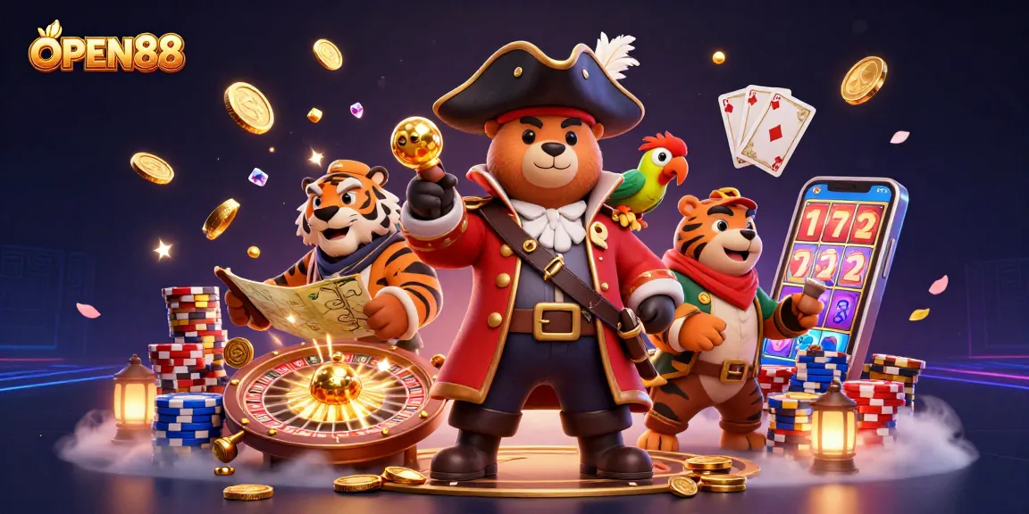 Experience thrilling moments at OPEN88 with a vibrant 3D casino illustration featuring exciting game elements.