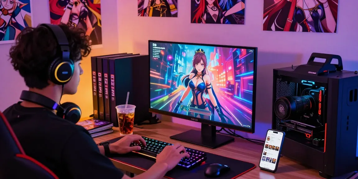 Person playing a hentai game in a vibrant gaming room filled with anime decor and modern tech.
