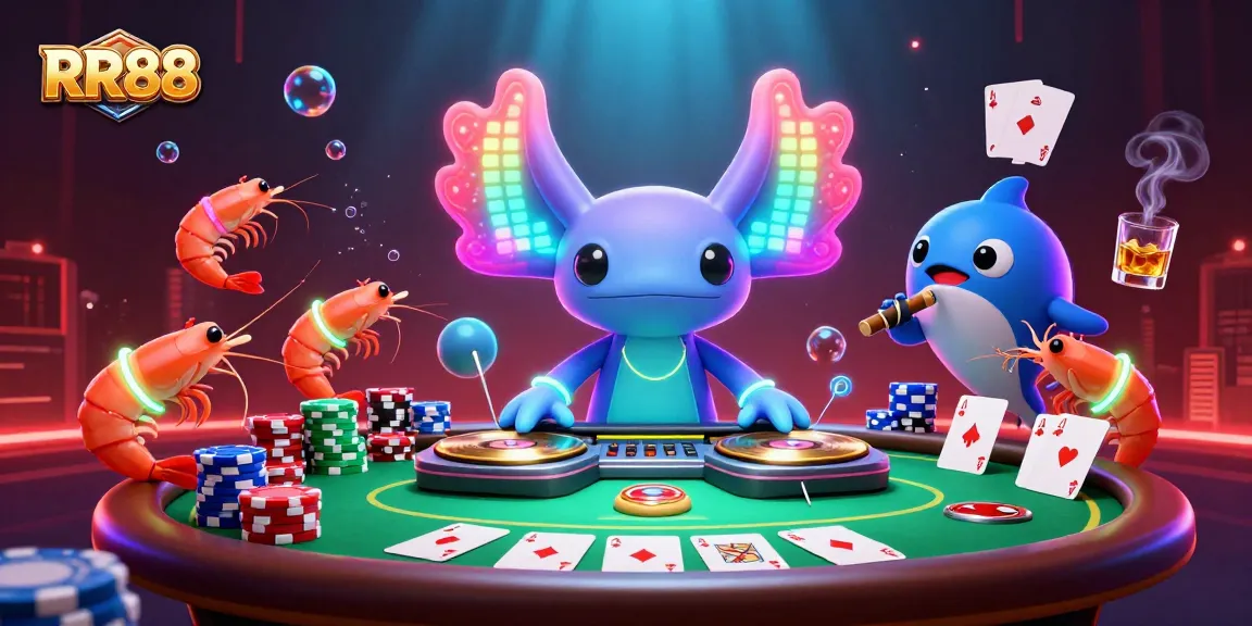 Engage with RR88's vibrant casino atmosphere, showcasing a colorful axolotl DJ and dynamic poker scene.