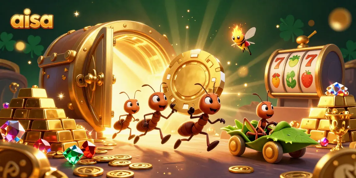 Aisa-themed casino heist illustration featuring ants with a giant poker chip and vibrant riches.
