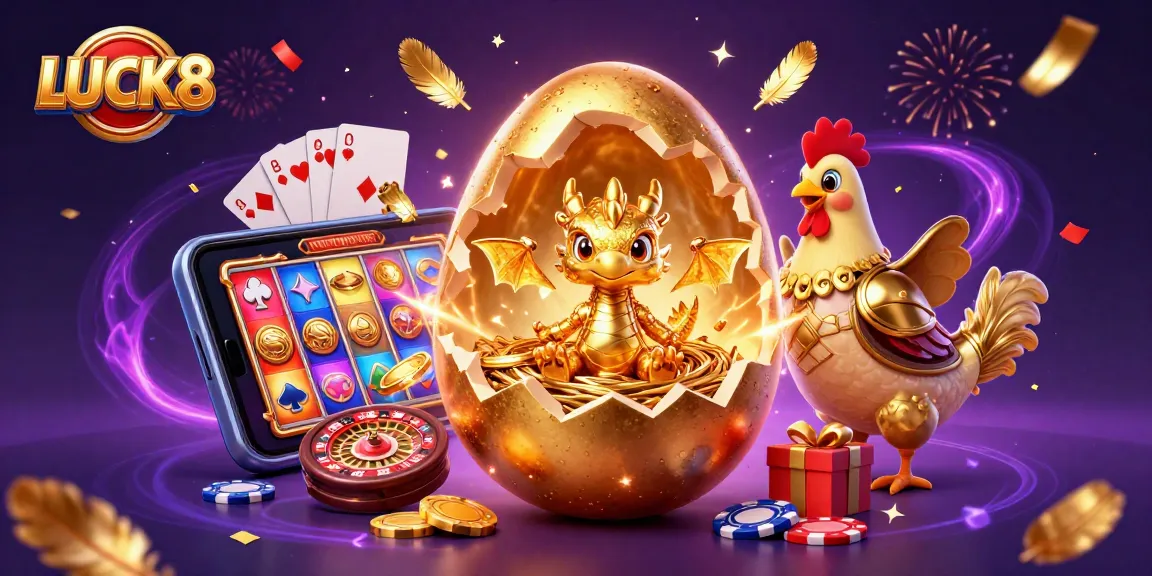 Experience excitement and win with LUCK8 in a vibrant 3D casino scene featuring a golden dragon and poker chips.