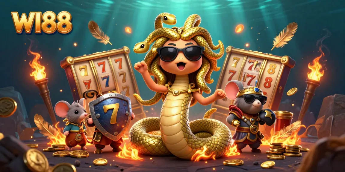 Win big with WI88 at this vibrant 3D casino scene featuring slots, Medusa, and golden tokens.