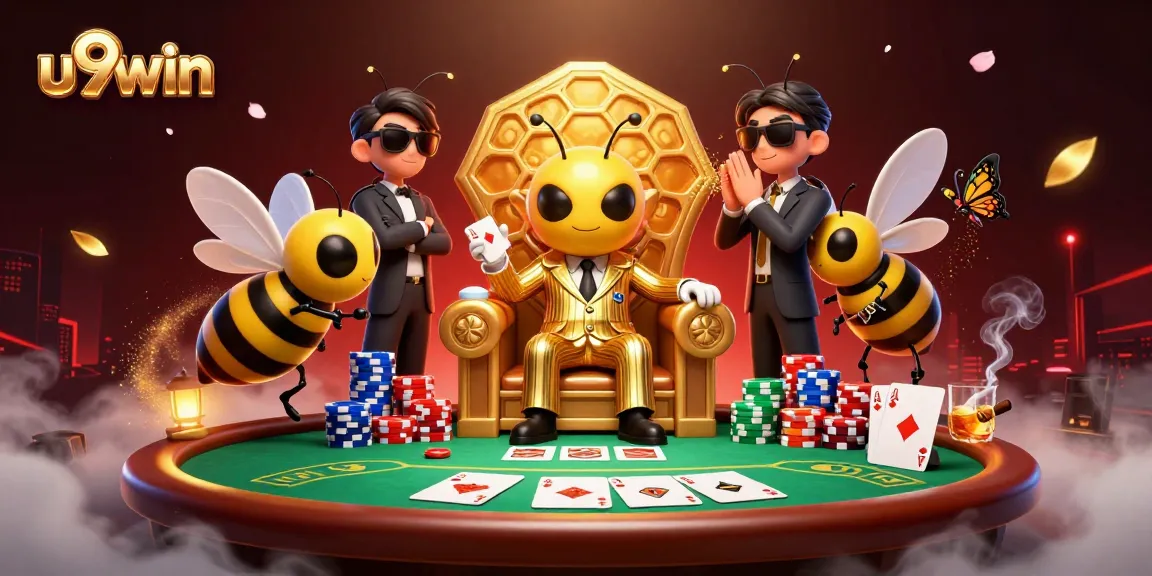 Play poker with u9win's bumblebee mob boss in a vibrant, bustling casino atmosphere.