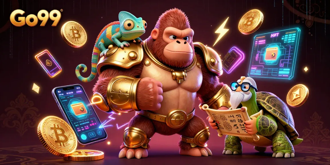 Play exciting games at Go99 with a dynamic 3D illustration featuring casino characters and crypto elements.