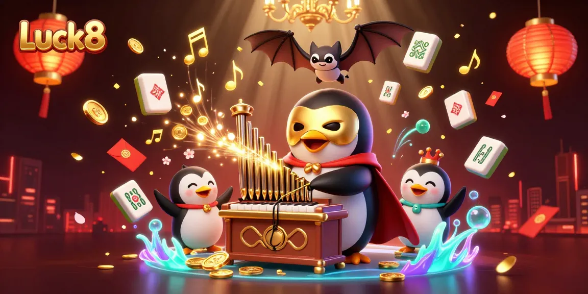 Engage in the fun with Luck8 as the phantom penguin plays and golden coins fly around in this vibrant casino art.