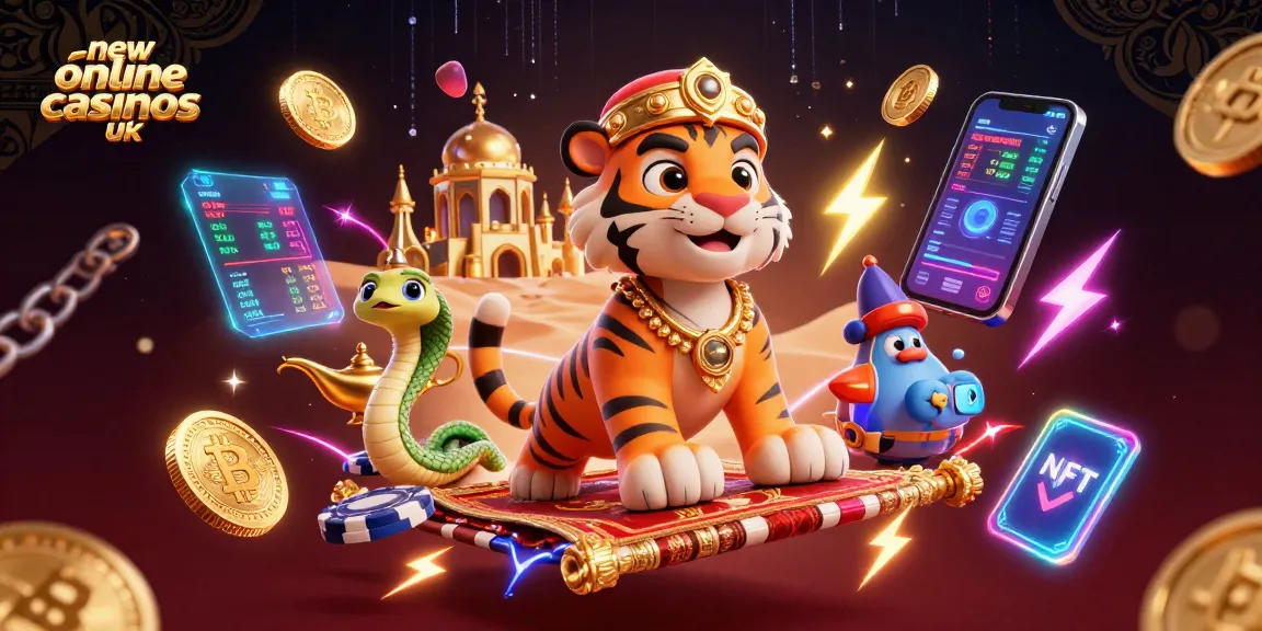 Engage in the excitement of new online casinos UK with a vibrant 3D scene of a magical sultan and crypto elements.