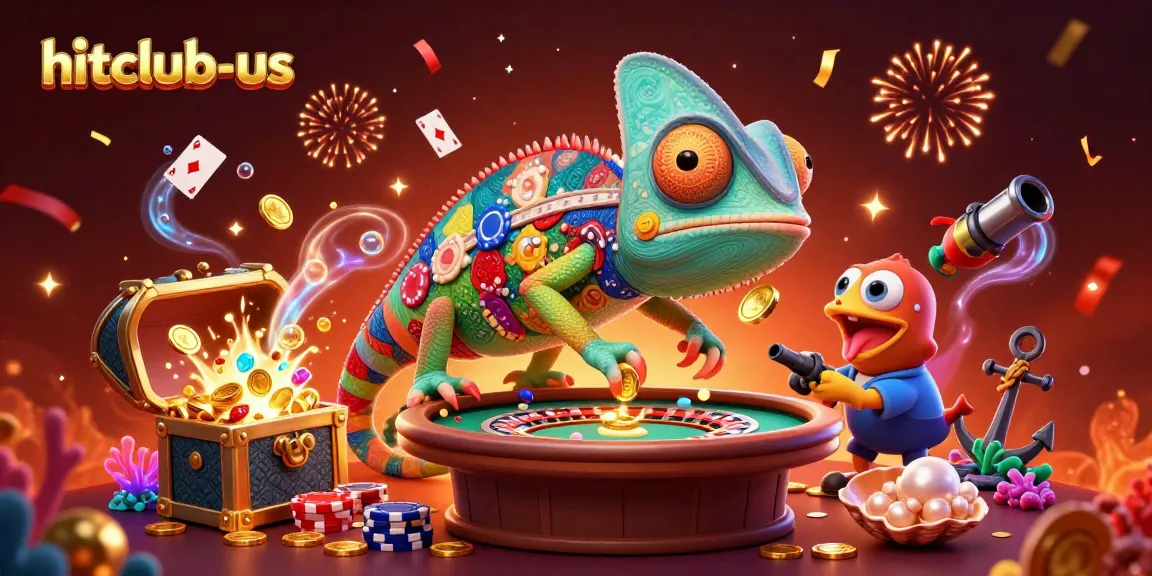 Enjoy gaming at hitclub-us with a vibrant chameleon casino owner amidst sparkling treasures.