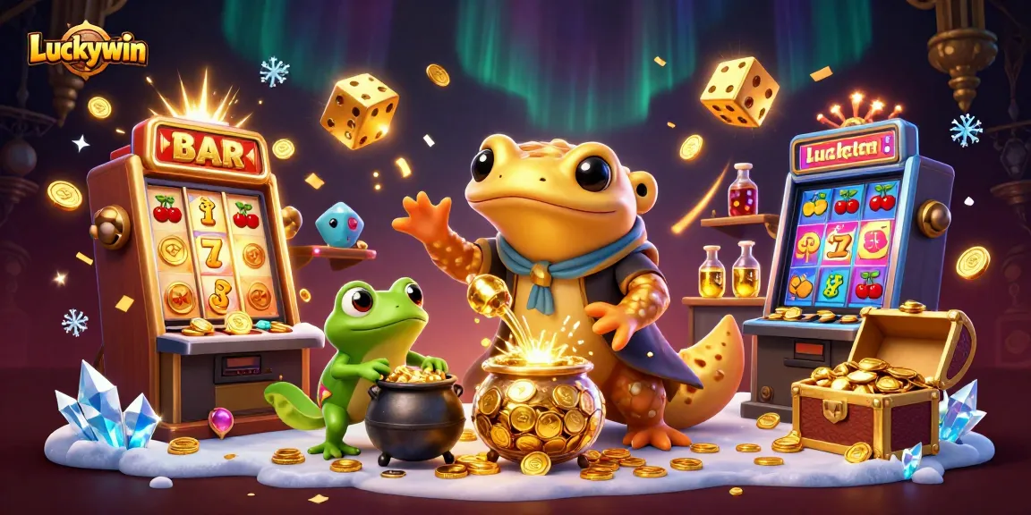Experience the excitement of Luckywin with giant alchemist turning base metals into gold amidst dazzling slot machines and casino game elements.