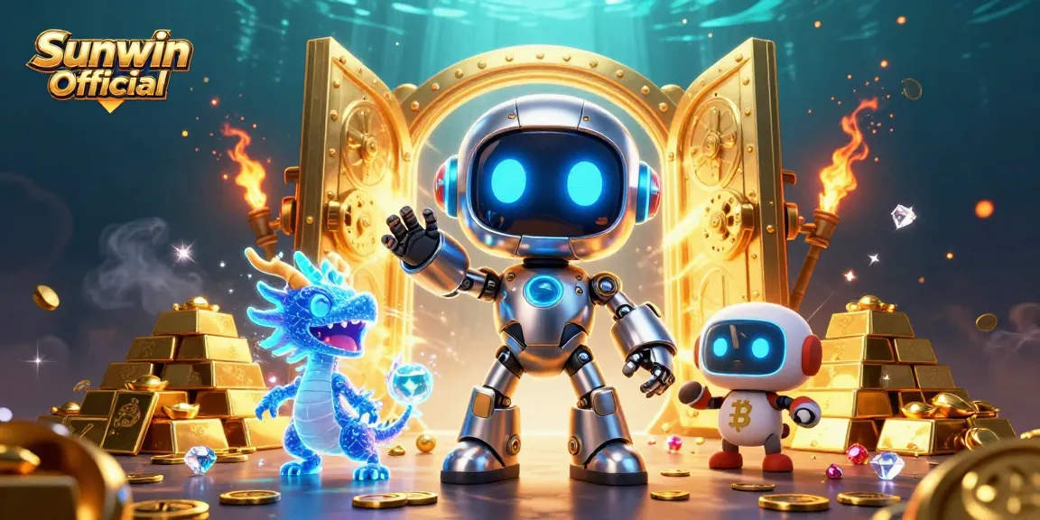 Engage in thrilling gaming with Sunwin Official, showcasing vibrant characters and golden treasures in a dynamic casino scene.