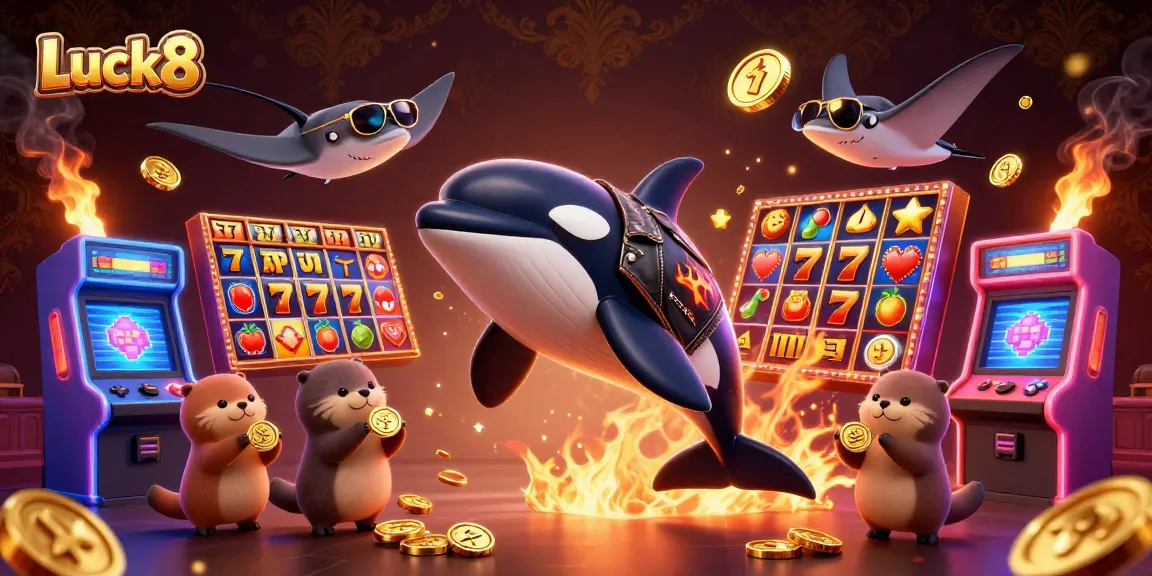 Luck8 vibrant scene showcasing a playful orca, stingray, and sea otters with golden coins in a colorful casino setting.