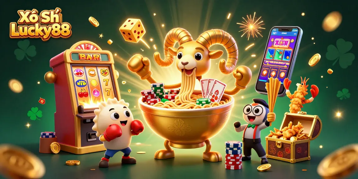 Xổ Số Lucky88 reel spinning excitement with a dynamic 3D illustration featuring playful characters amidst vibrant casino elements