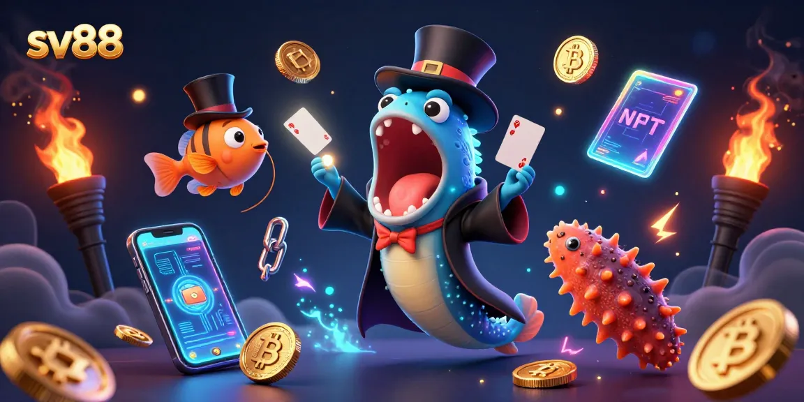 Experience the thrill of sv88 casino with a magical eel performing card tricks surrounded by neon crypto coins.