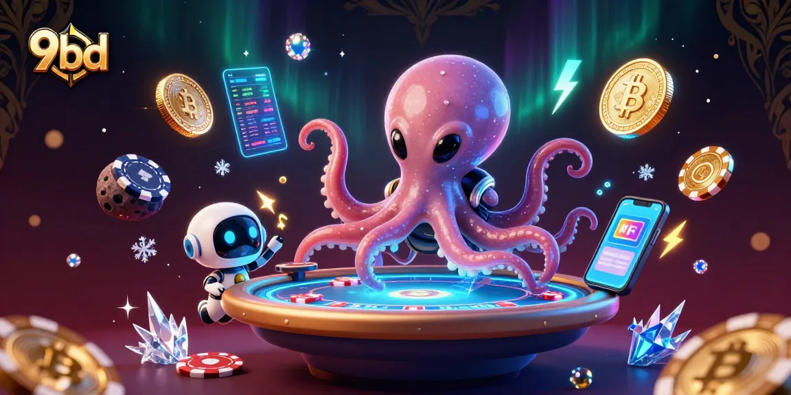 Experience the thrill of 9bd with an alien octopus at a holographic poker table, surrounded by crypto coins