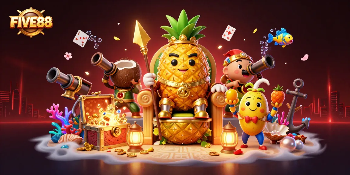 Experience thrilling gambling action at FIVE88, featuring the golden pineapple king in a dynamic casino scene.