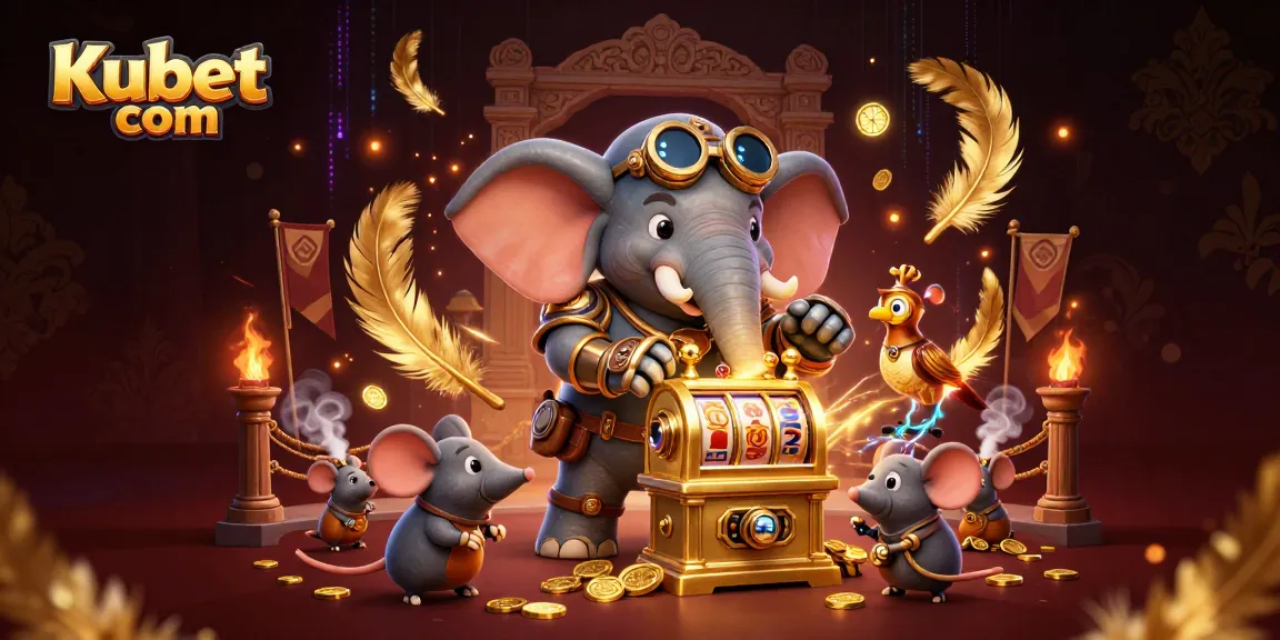 Kubet com showcases a steampunk elephant at a golden slot machine, surrounded by vibrant casino elements.