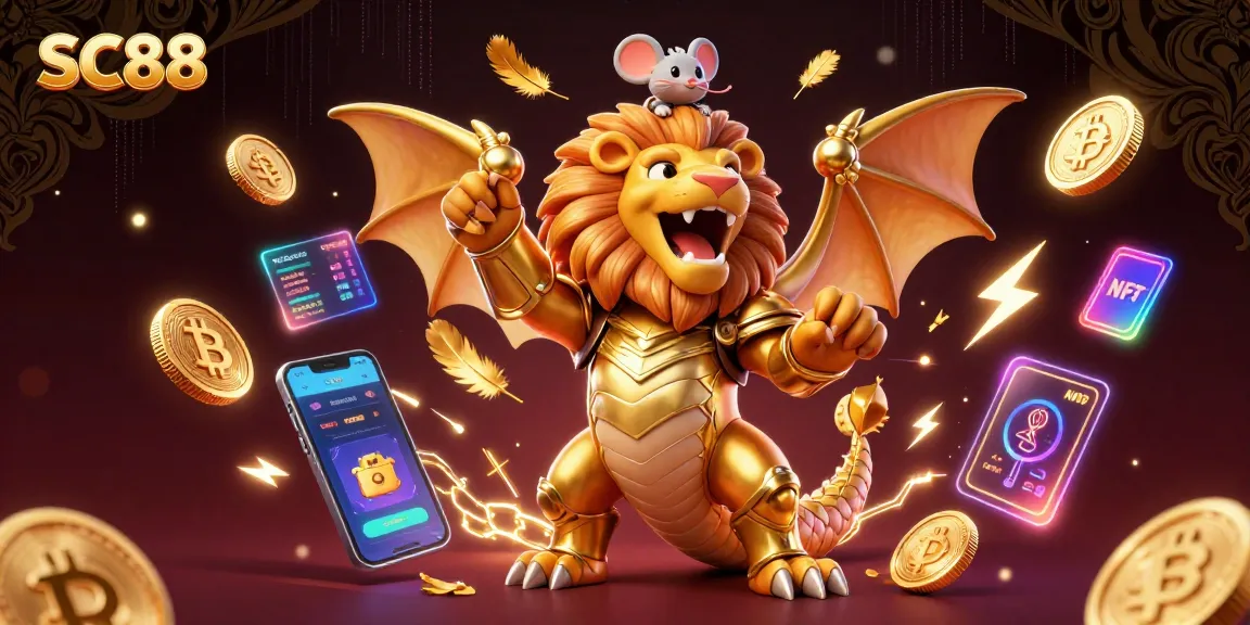 SC88 showcases thrilling triumph with a golden chimera and crypto elements in a vibrant casino scene.